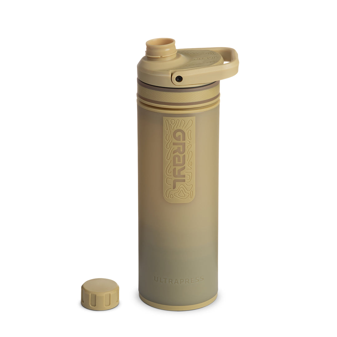 Best top rated Grayl UltraPress Filter and Purifier Water Bottle – 16.9 Fluid Ounces / Covert Edition / Spout Cap Off View / Desert Tan